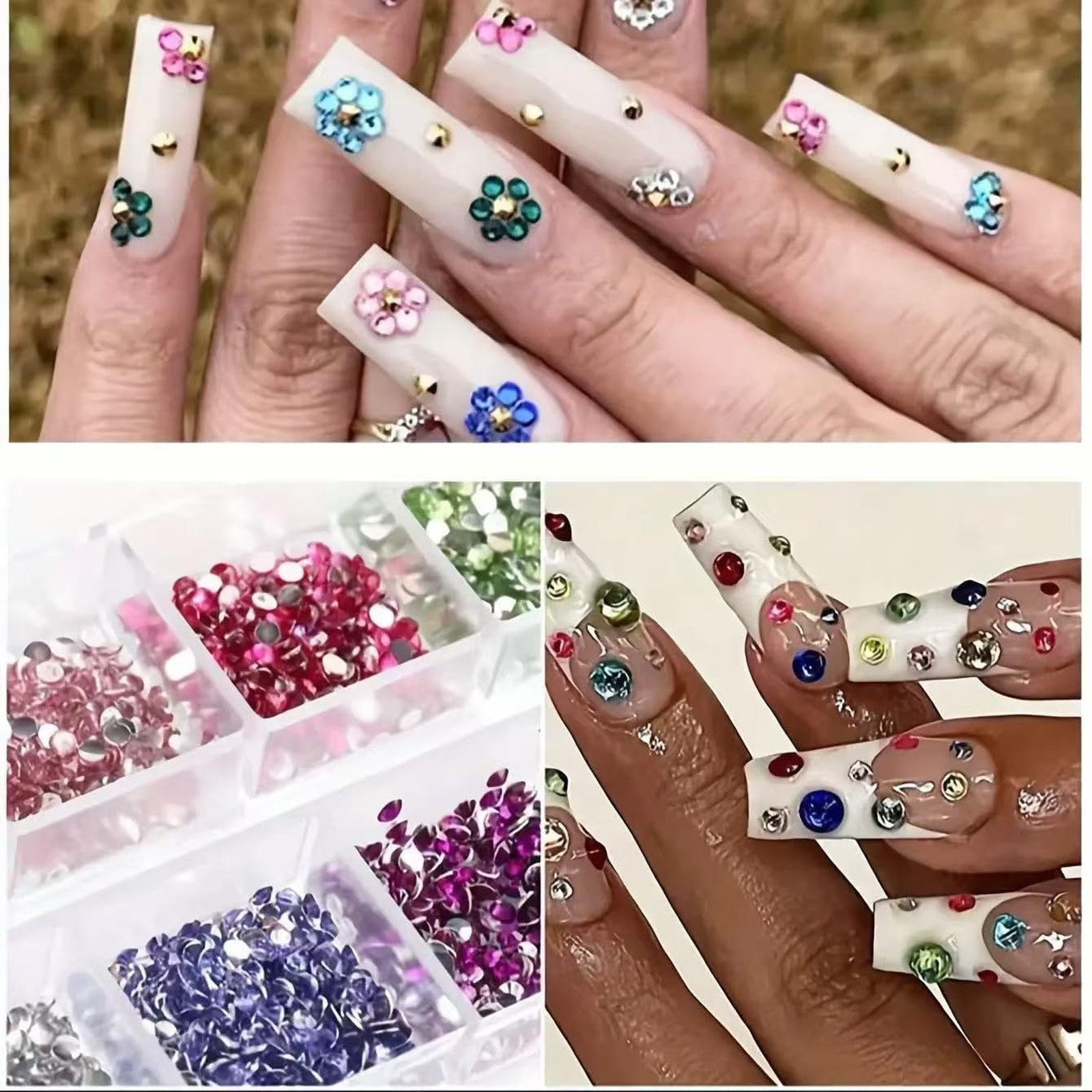 24Grid Colorful Nail Art Rhinestones Pearls Set 3D Flatback Crystals for Acrylic
