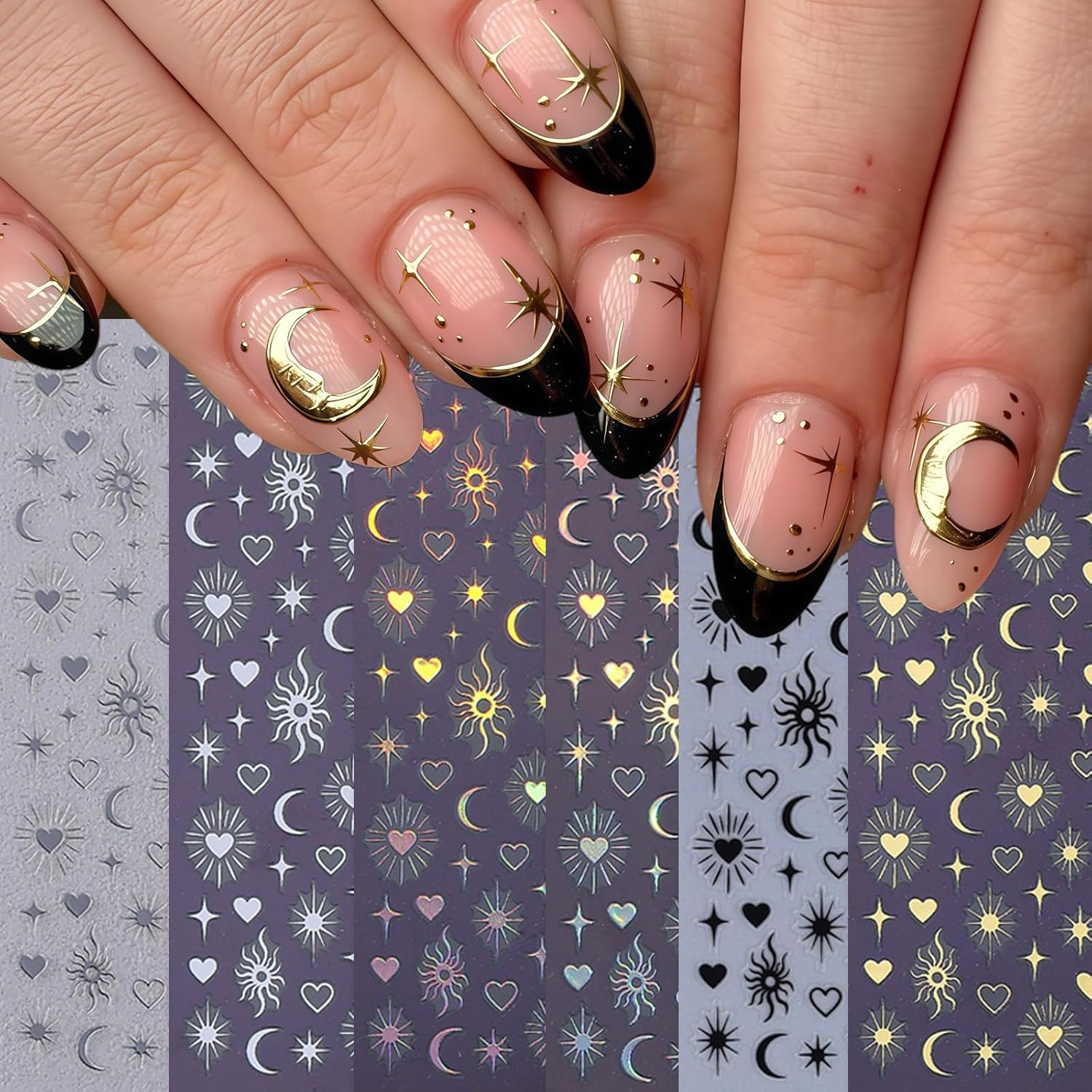 6 Sheets Gold Star Nail Stickers for Nail Art 3D Self Adhesive Moon Heart Nail A