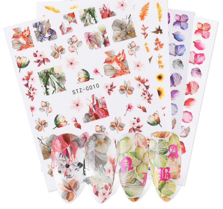 3D Nail Stickers Watercolor Dried Flowers Maple Leaf Rose Butterfly Bee NS37