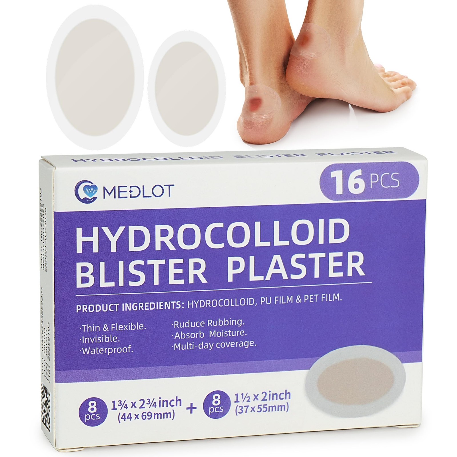 Blister Bandages for Feet, 16pcs Invisible Blister Pads, 2 Size, Hydrocolloid…