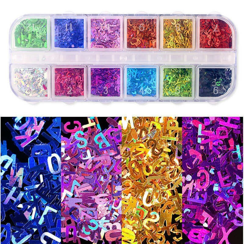 12 Colors Holographics Letter Nail Art Sequins Colorful UV Gel Decoration