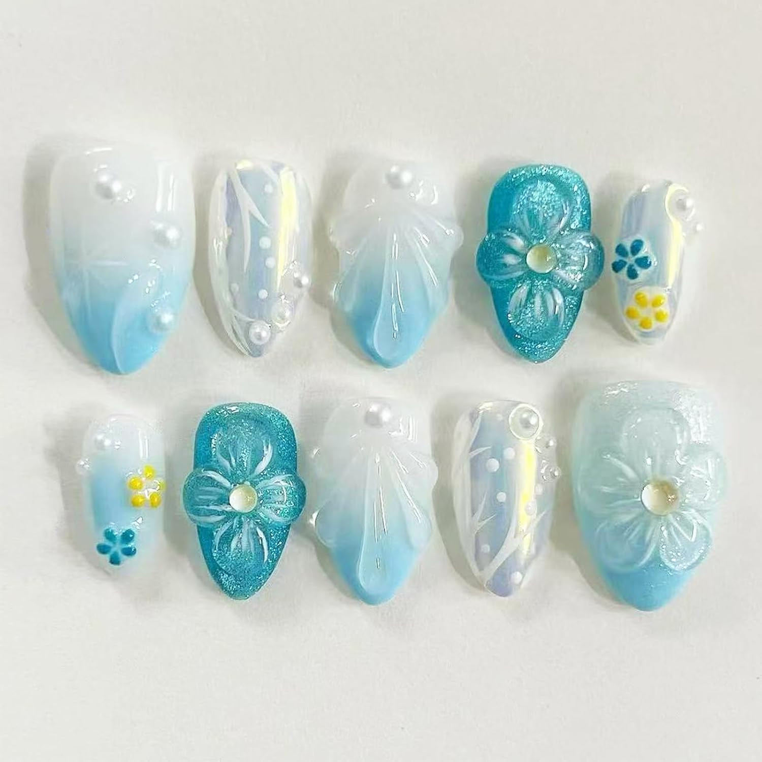 30Pcs Handmade Press on Nails Short Almond Shape Glue on Nails 3D Flower Pearl F