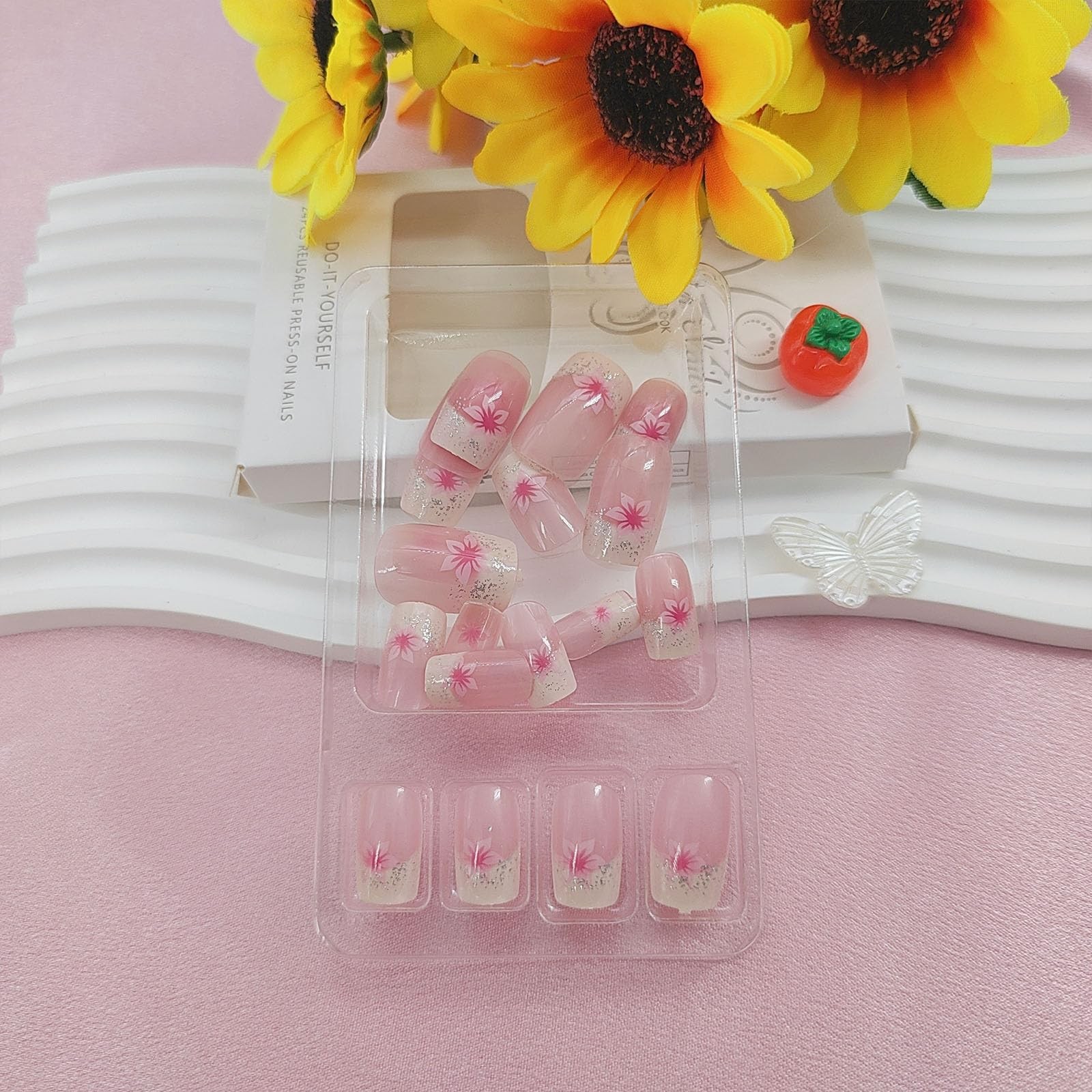 Medium Press on Nails Square Fake with Pink Medium, white pink nude