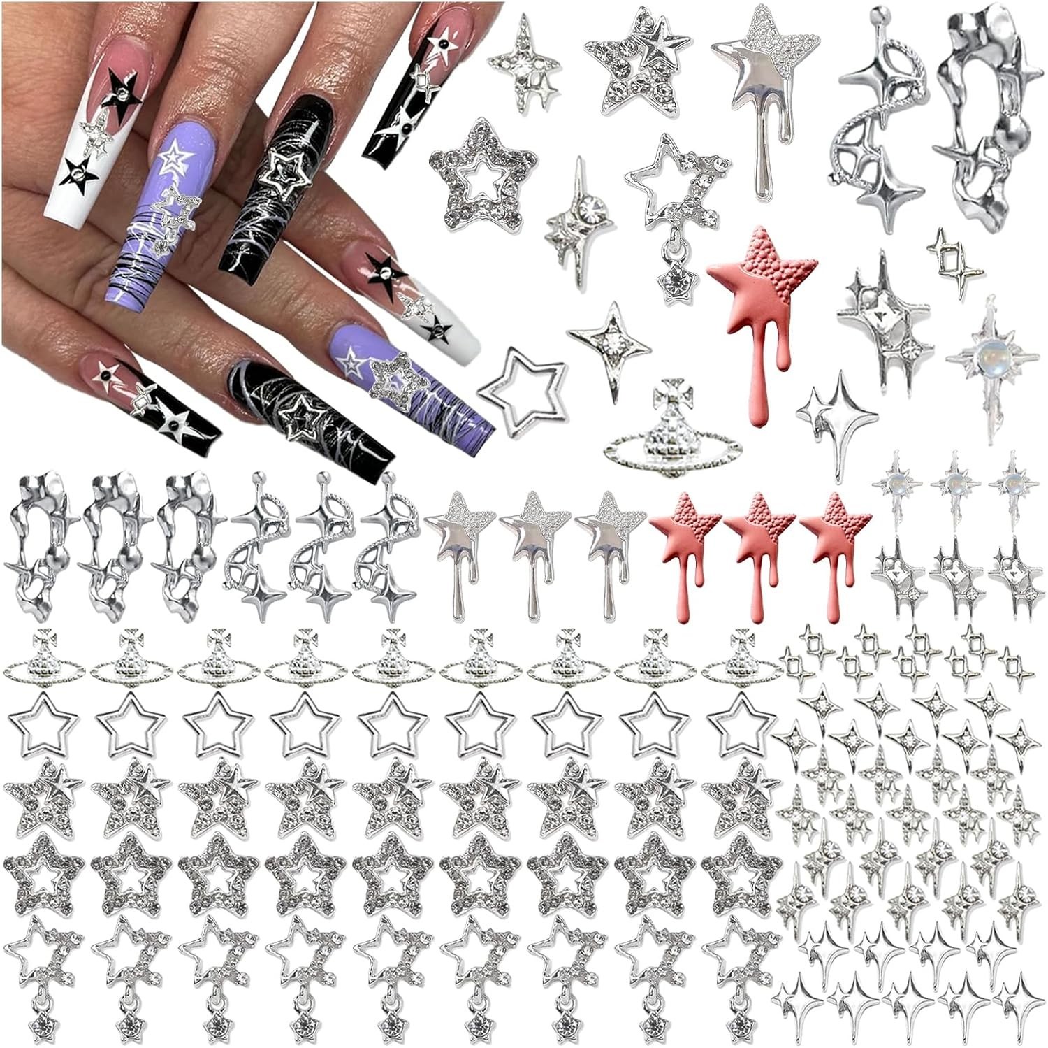 “124PCS Star 3D Nail Charms for Acrylic Nails, Silver Nail Gems Alloy Starburst