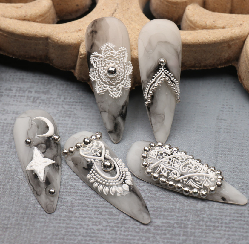 5D Embossed Retro Lace Totem Pendant Jewelry Flower Moon Nail Art Stickers NS53