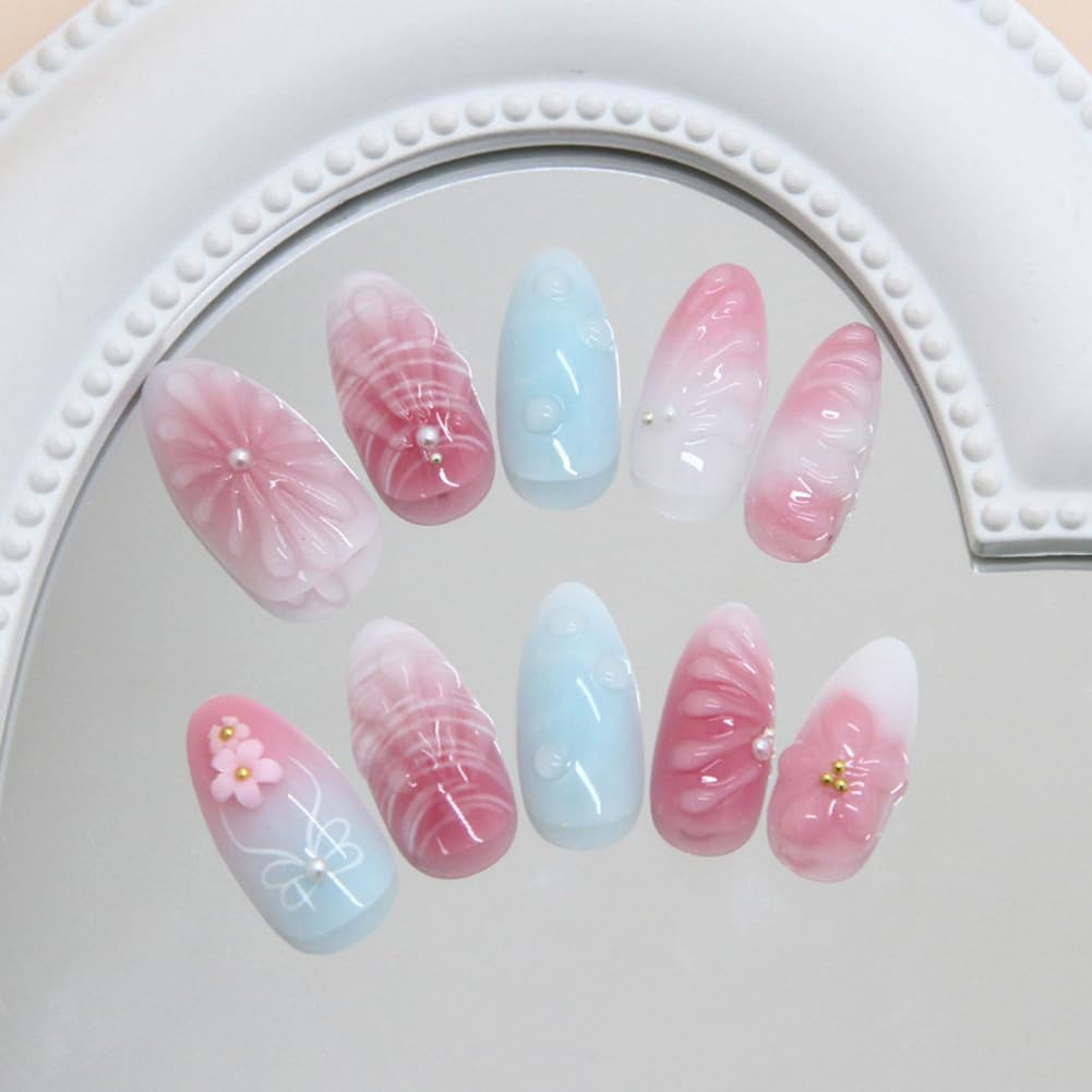 Almond Press on Nails Medium Fake Nails with 3D Ripple Bubble Pink Flower Pearls