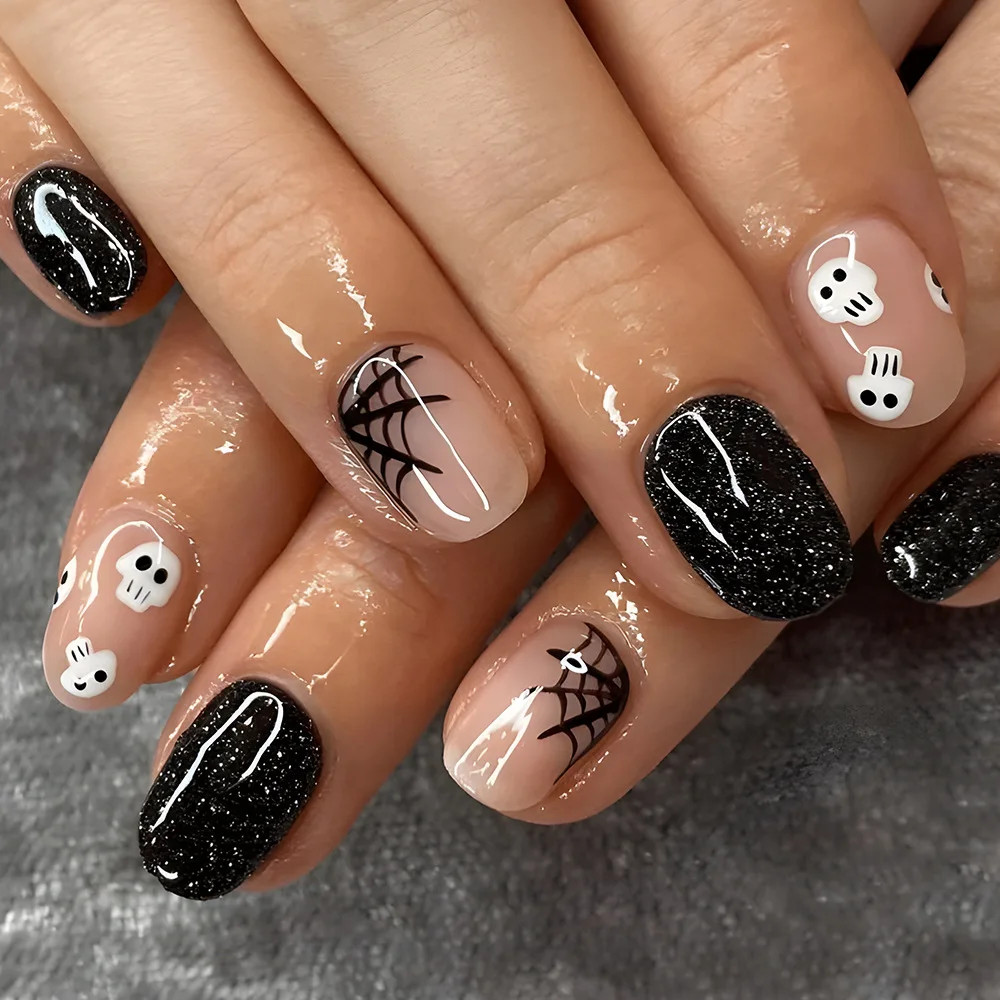 24pcs Halloween Spider Gothic Short Round Press On Nails