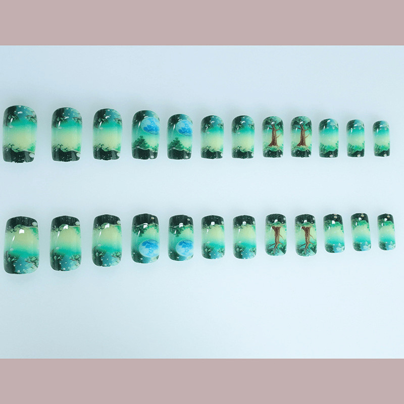48Pcs Coffin Green Moon Forest Hand Painted Press on Nails Art Vacation Wear