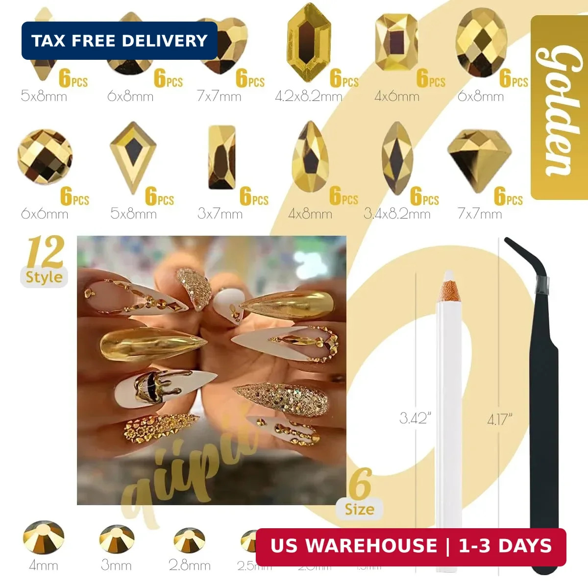 qiipii 2052Pcs Mine Gold Nail Rhinestones 72 Multi Shapes Flatback metallic gold