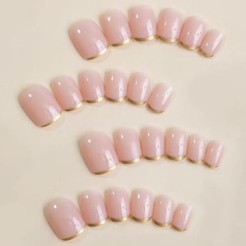 Gold French Tip Press on Nails Short Fake Nails with Design Square style01