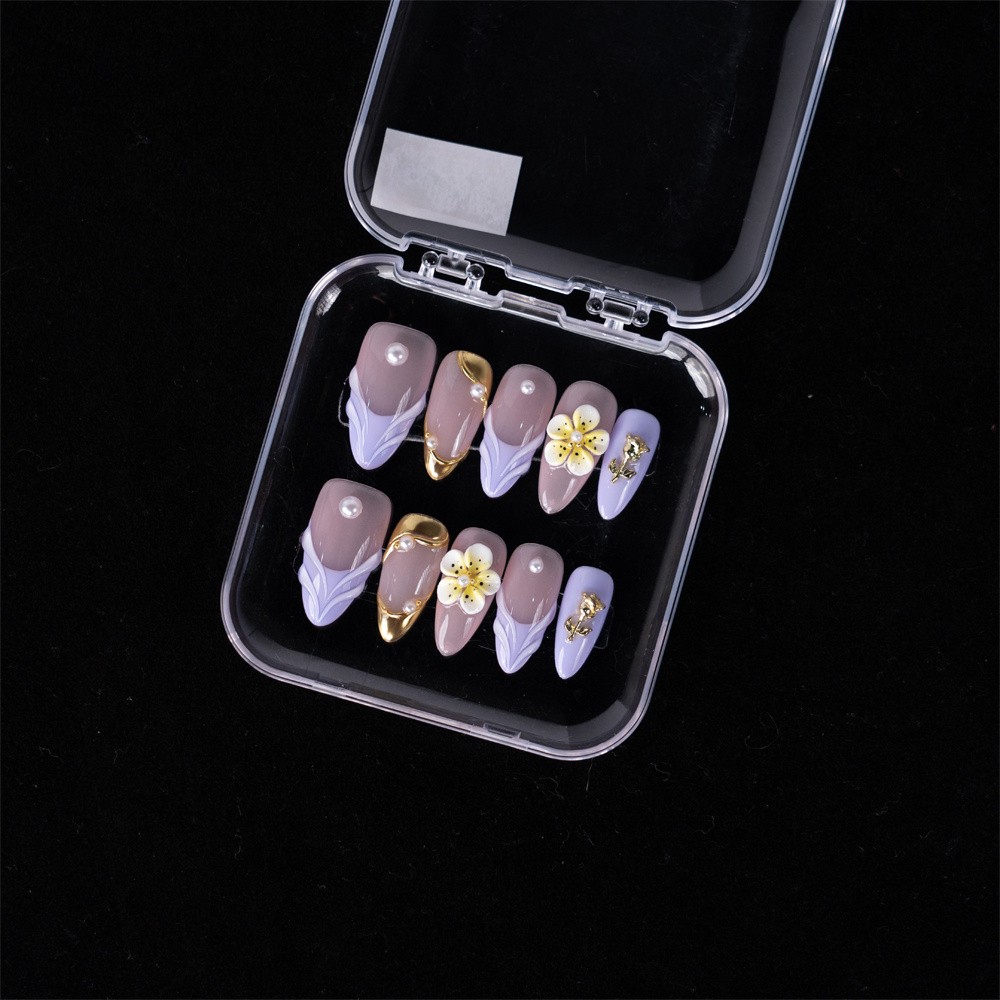 Handmade Press On Nails High Quality Gradient Floral Almond Fake Nail for Office