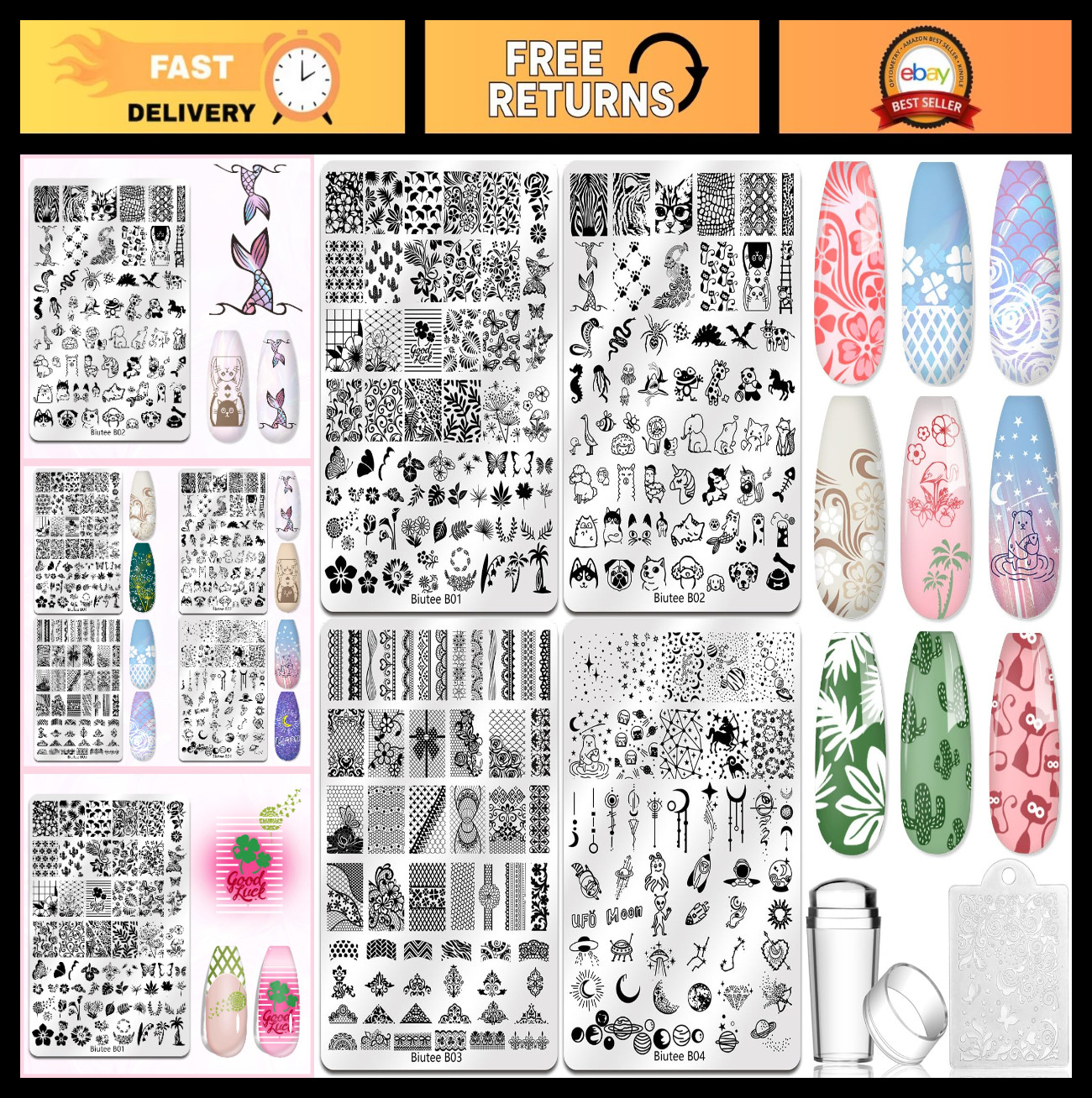 4PCS Nail Stamping Plates Set with Stamper & Scraper – French Lace, Space, Anima