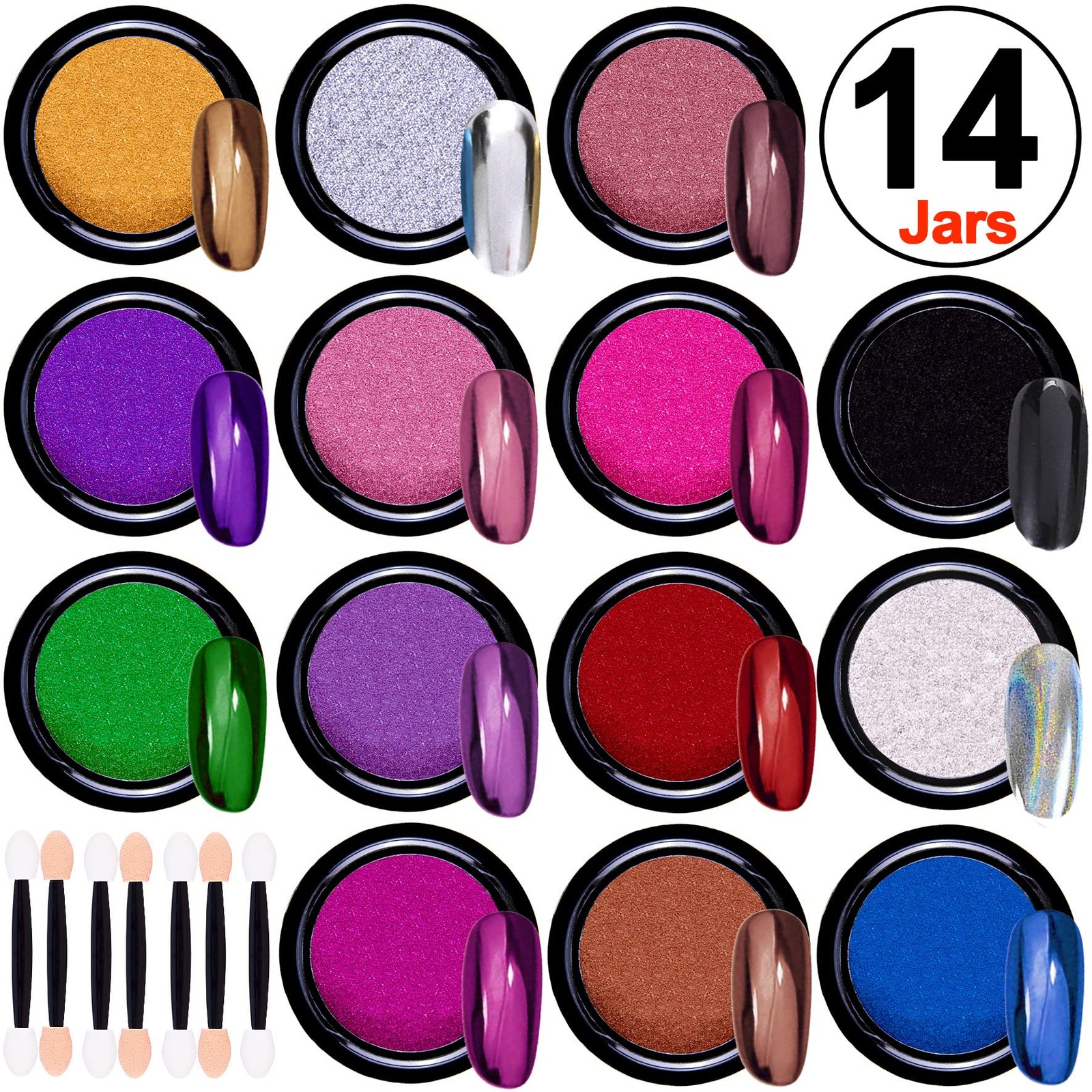 Duufin 14 Jars Chrome Nail Powder Metallic Art Mirror Effect Dark