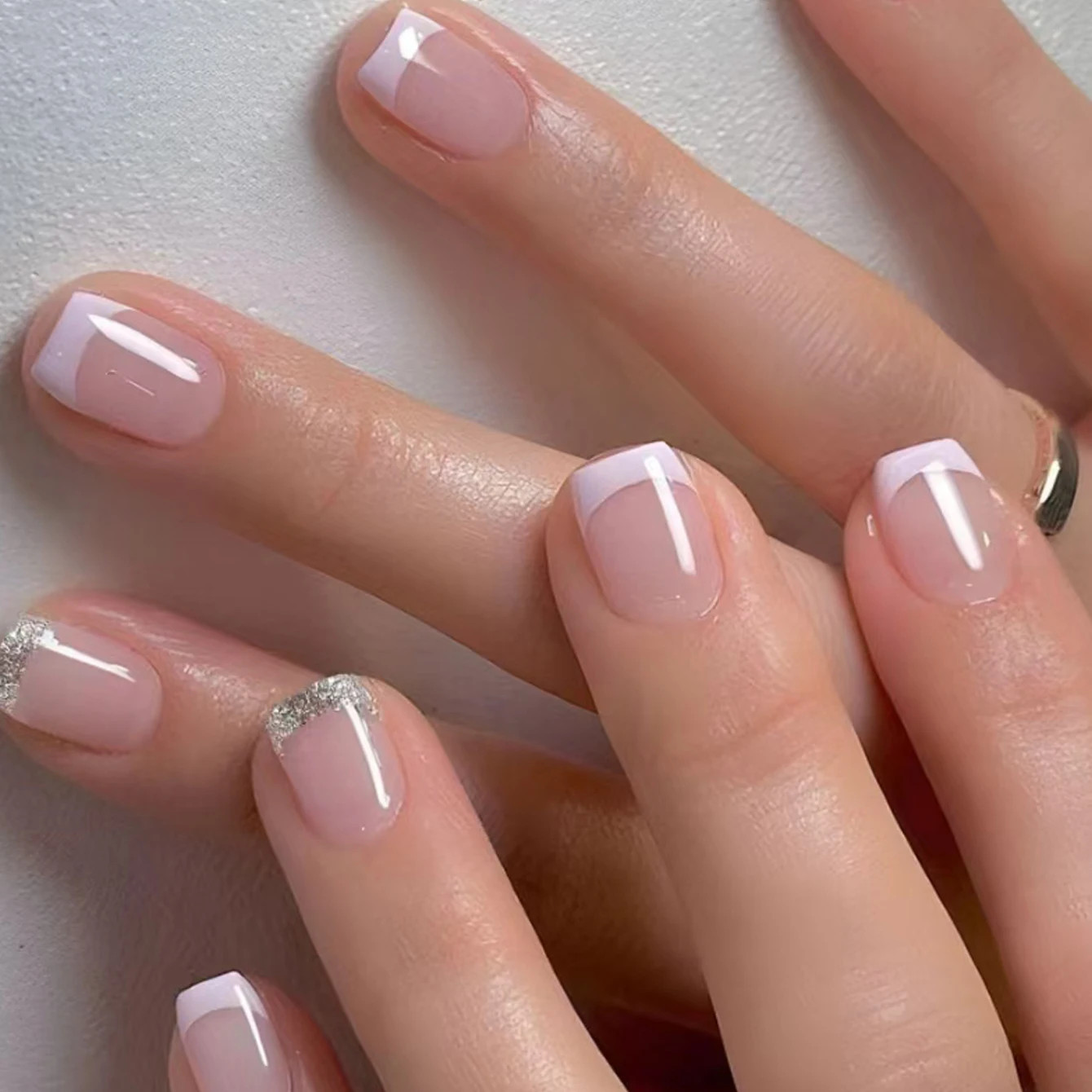 24pcs Short Square Press On Nails Cute Bride Heart White French Tips False