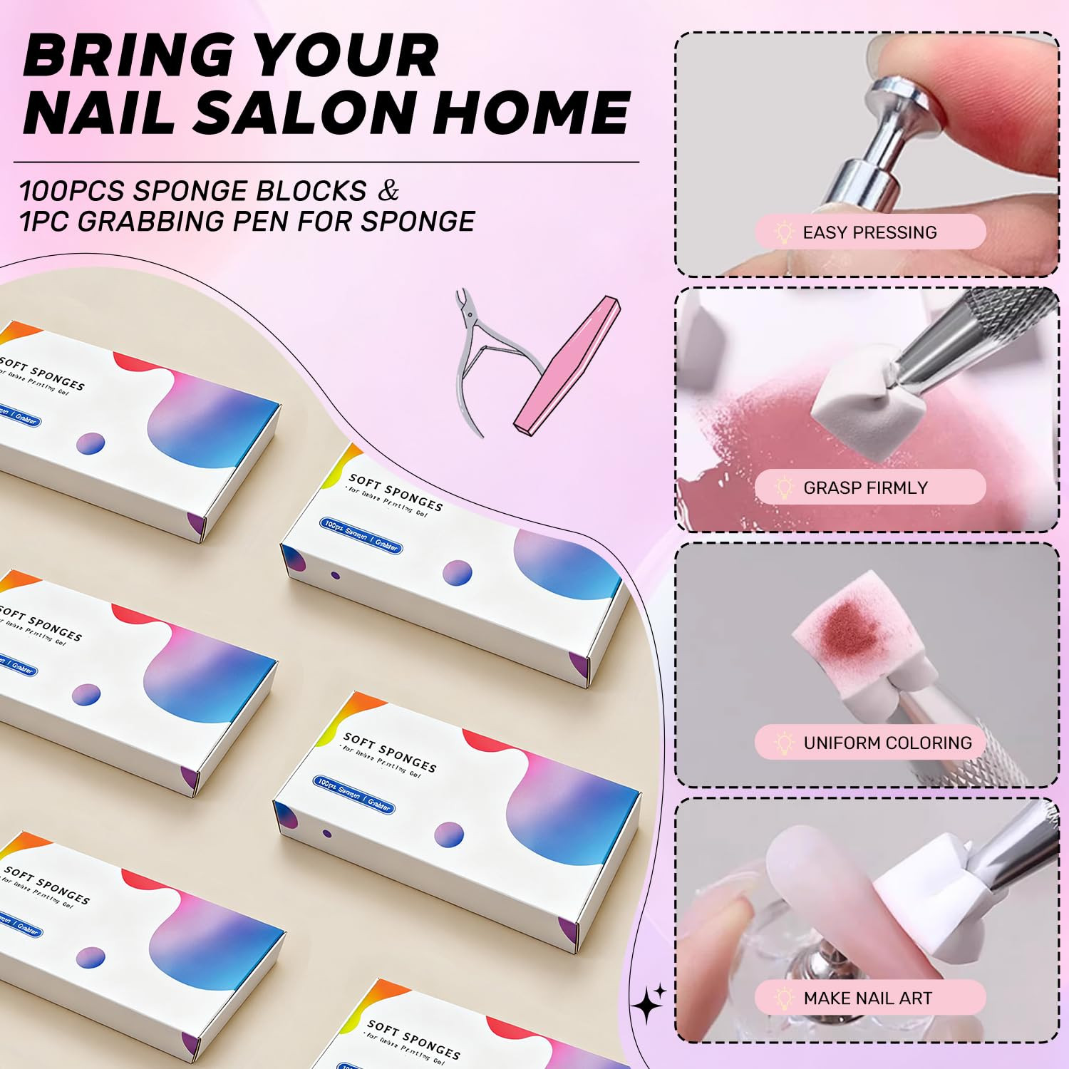 Nail Sponges for Ombre Gel Pat Paint Nail Art, 100PCS Sponges 1 Grabber Pen | Na