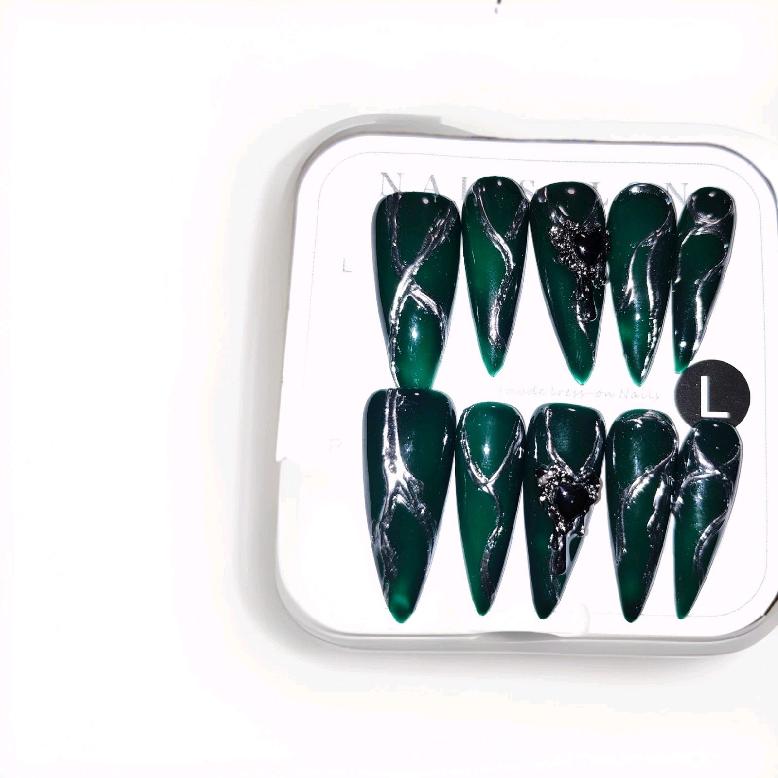 Green Silver Black 3D Stiletto Large Press-On Nails Full Cover