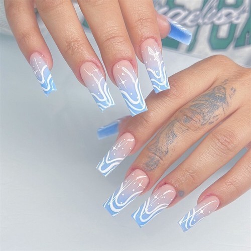 Blue White Swirl Long Square Press On Nail Fake Nail French Tip 24pcs