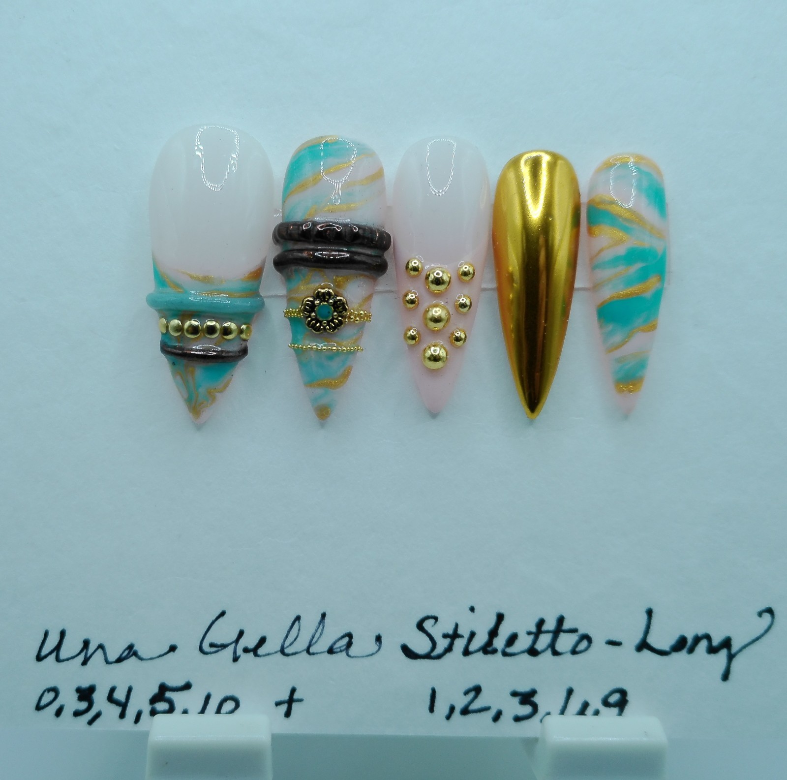 Long Stiletto Peach and Turquoise Bangle Press-On Nails – Medium Size