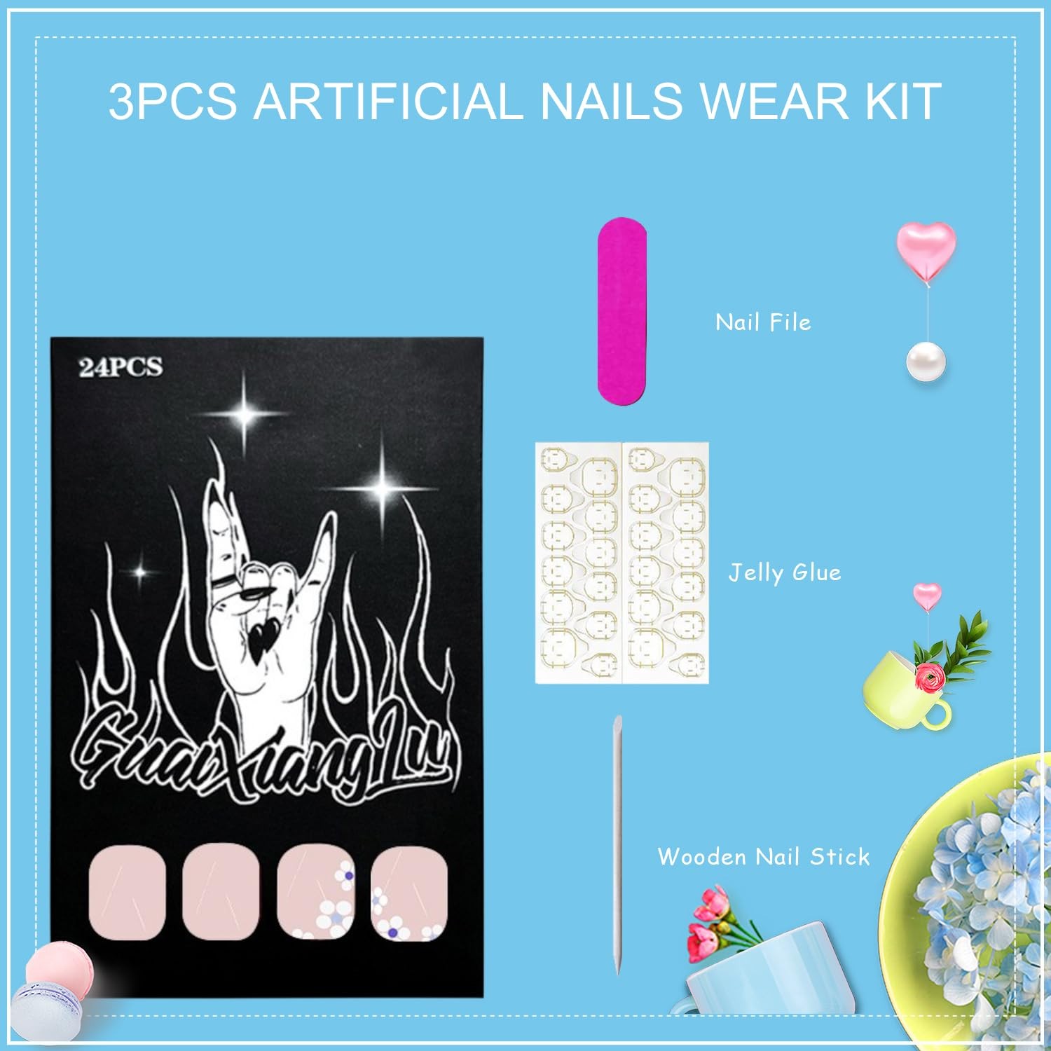 White French Tip Press on Nails Short Square Fake Nails White Flowers False N…