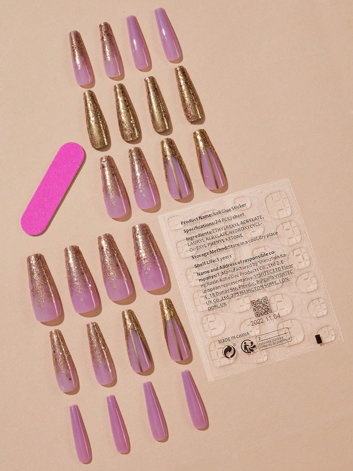 24pcs Long Coffin Gold Glitter Glitter Shaped French Fake Nail Kit