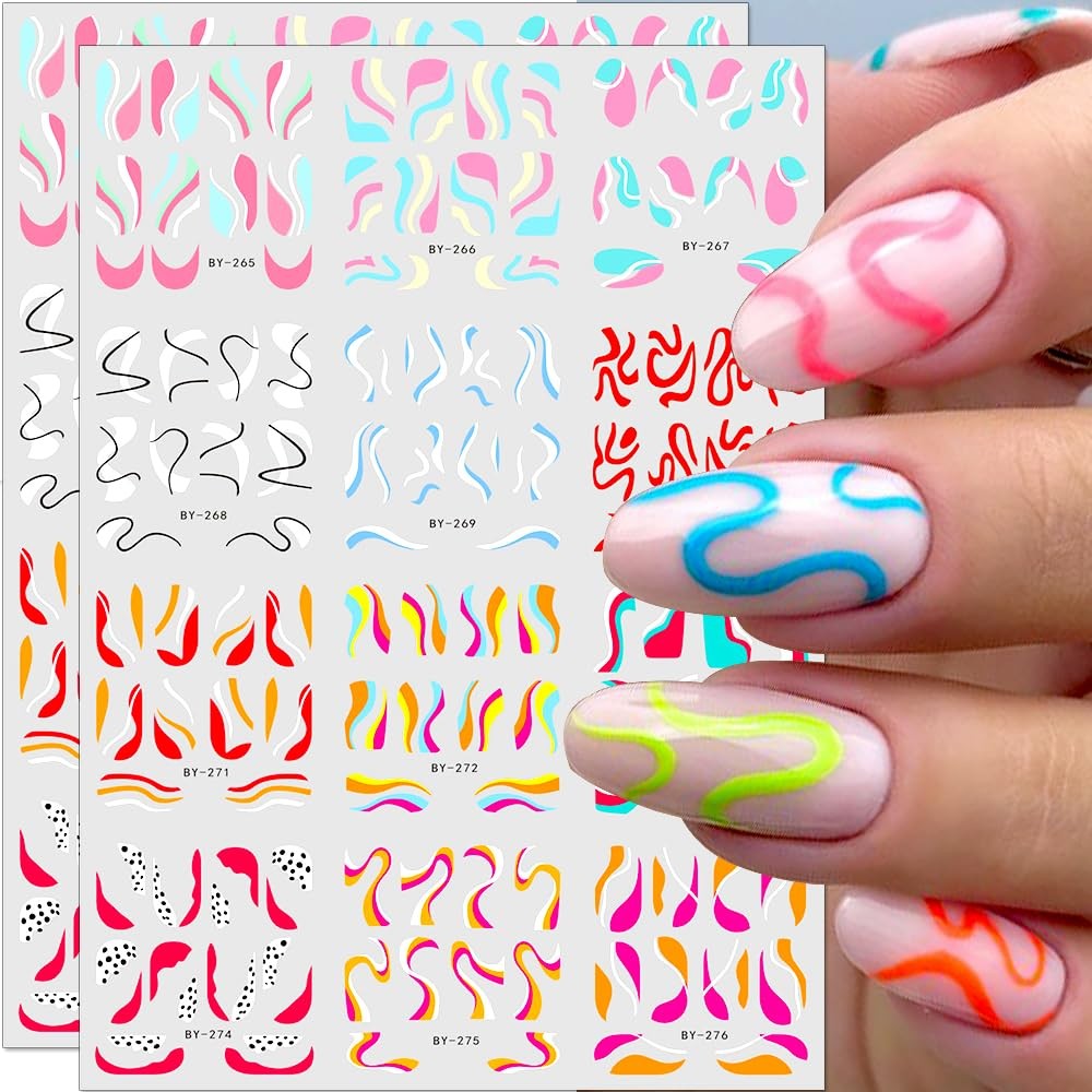 Colorful Wave Lines Nail Art Stickers for Girls – Neon Ribbon Strips Water Tr…