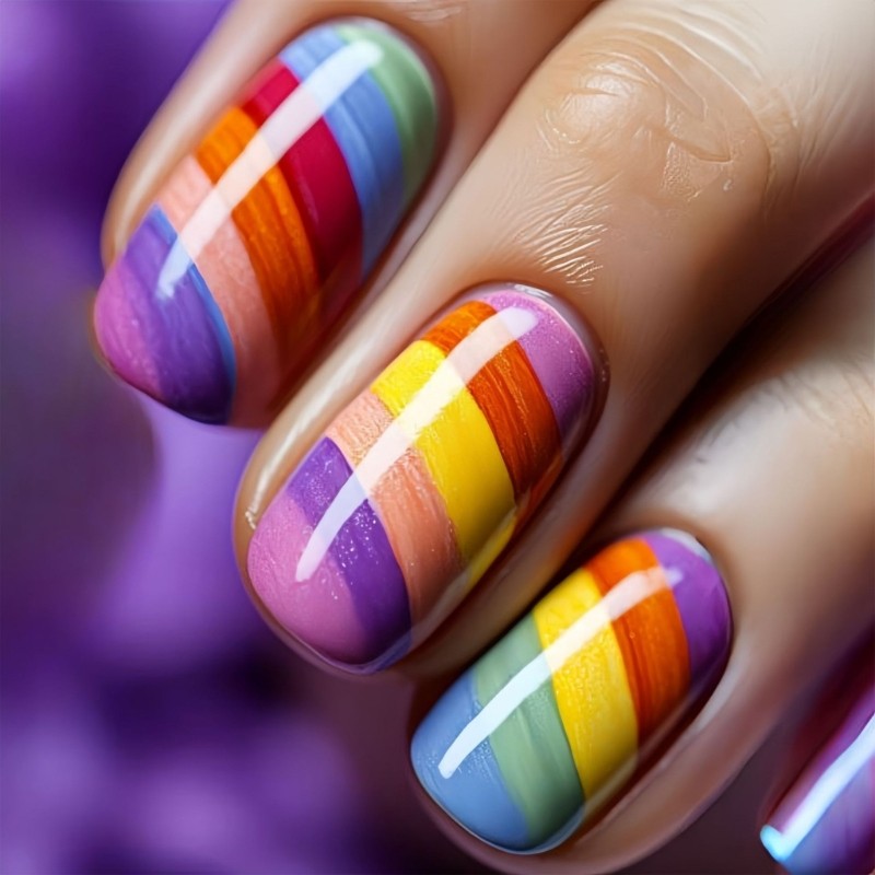 24 Pcs Rainbow Press On Nail Stripes False Nail Medium Square Acrylic Nail