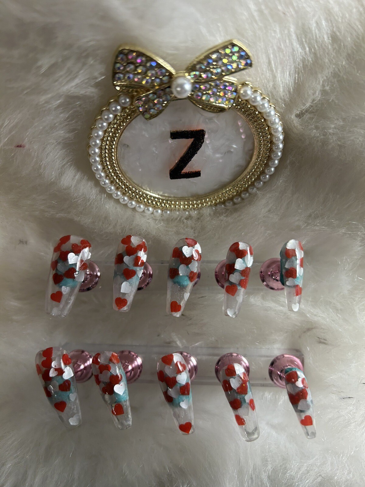 Z NAILZ! Handmade Clear L Coffin W/Red&White Hearts Encapsulated Press On Nails