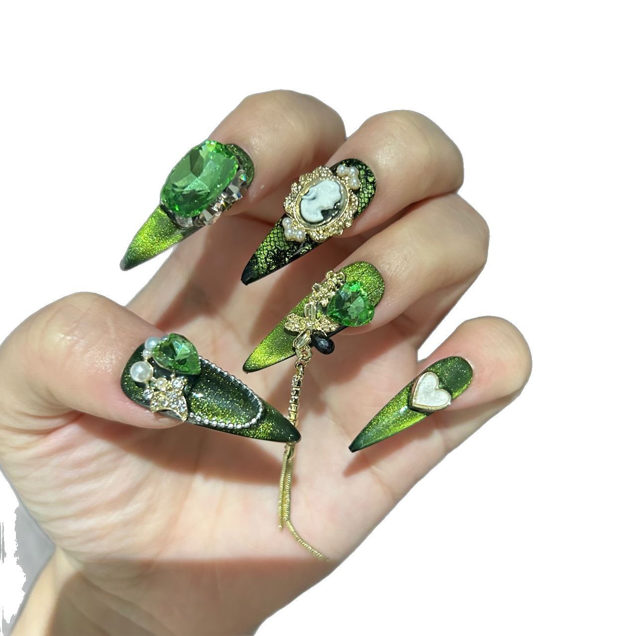 Luxury Emerald Green Cat Eye Butterfly Handmade Press On Nails