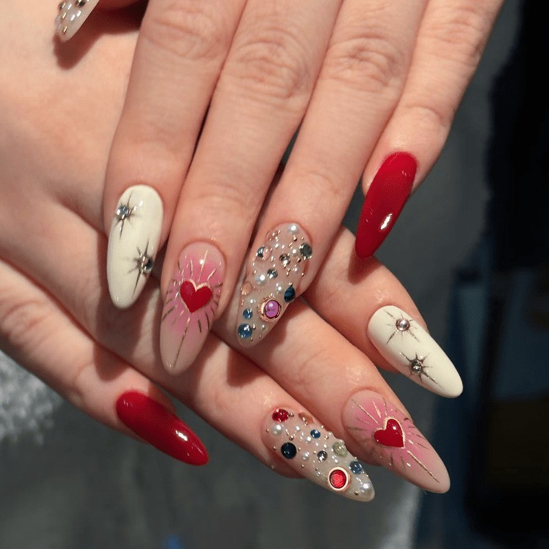 Valentine’s Day Handmade Nail 48 Pieces Long Almond, Removable Nail Art