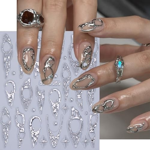 5D Metallic French Tips Nail Stickers Gold Silver Star flower nail decals-8