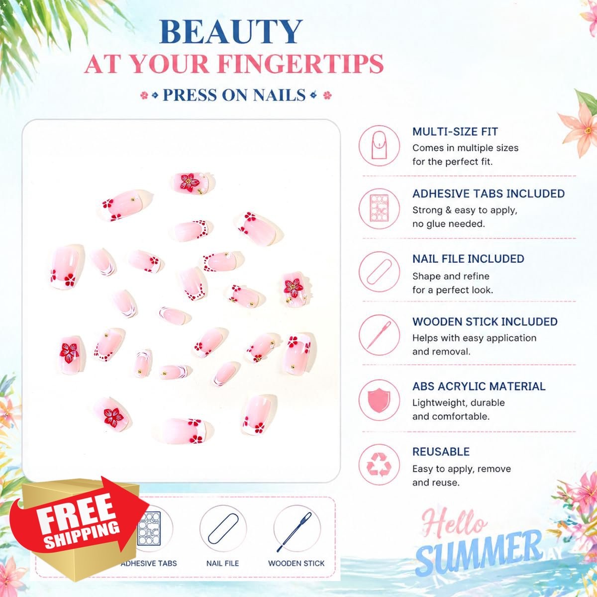 LRKNNO Pink Flower Press On Nails Medium Square French Tip