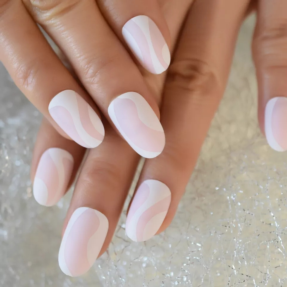 24 Short Press on nails kit w glue Pink white swirl matte almond round oval