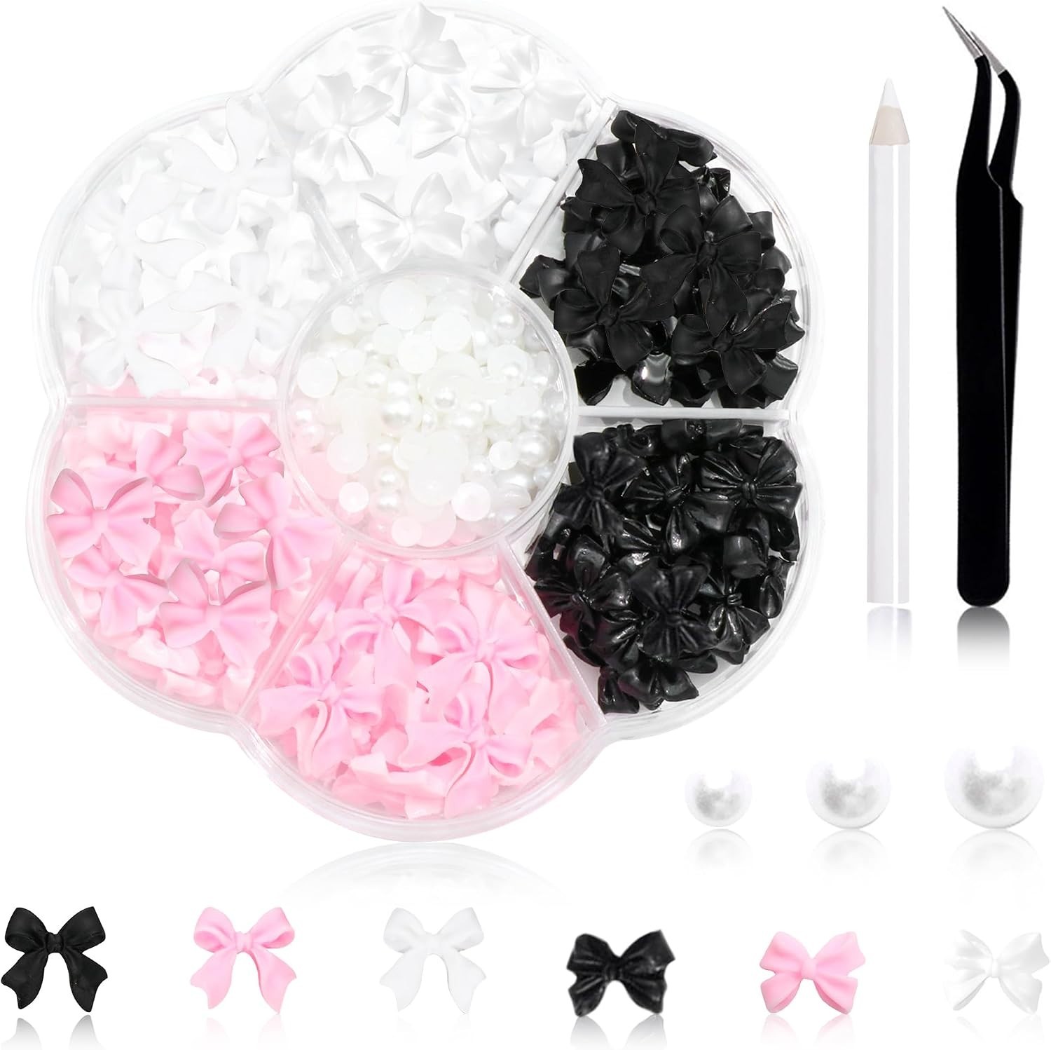Versatile 300 Pcs Bow Nail Charms Set with Flatback Pearls – Perfect for Crafts