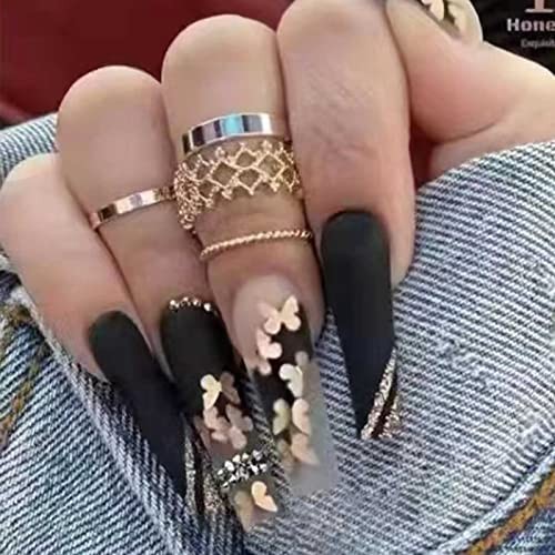 Long Press on Nails Square French Fake Nails Full Cover Black Gold Butterfly