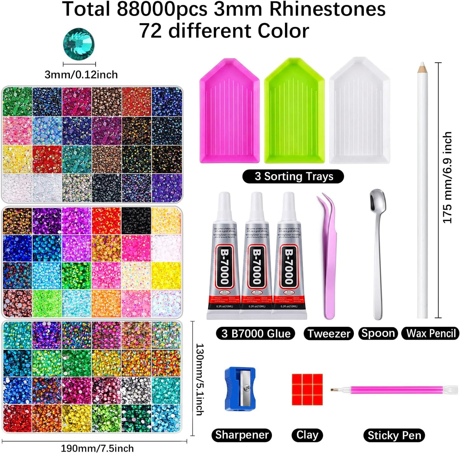 Bedazzling Kit with Rhinestones, 72 Colors 3mm Resin Gems Nail Art Supplies