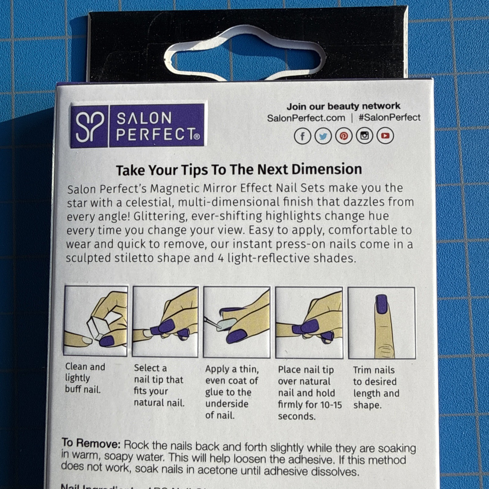 Salon Perfect Magnetic Mirror Effect Glue-on Nail Set, Qty 30, Magnetic Blue