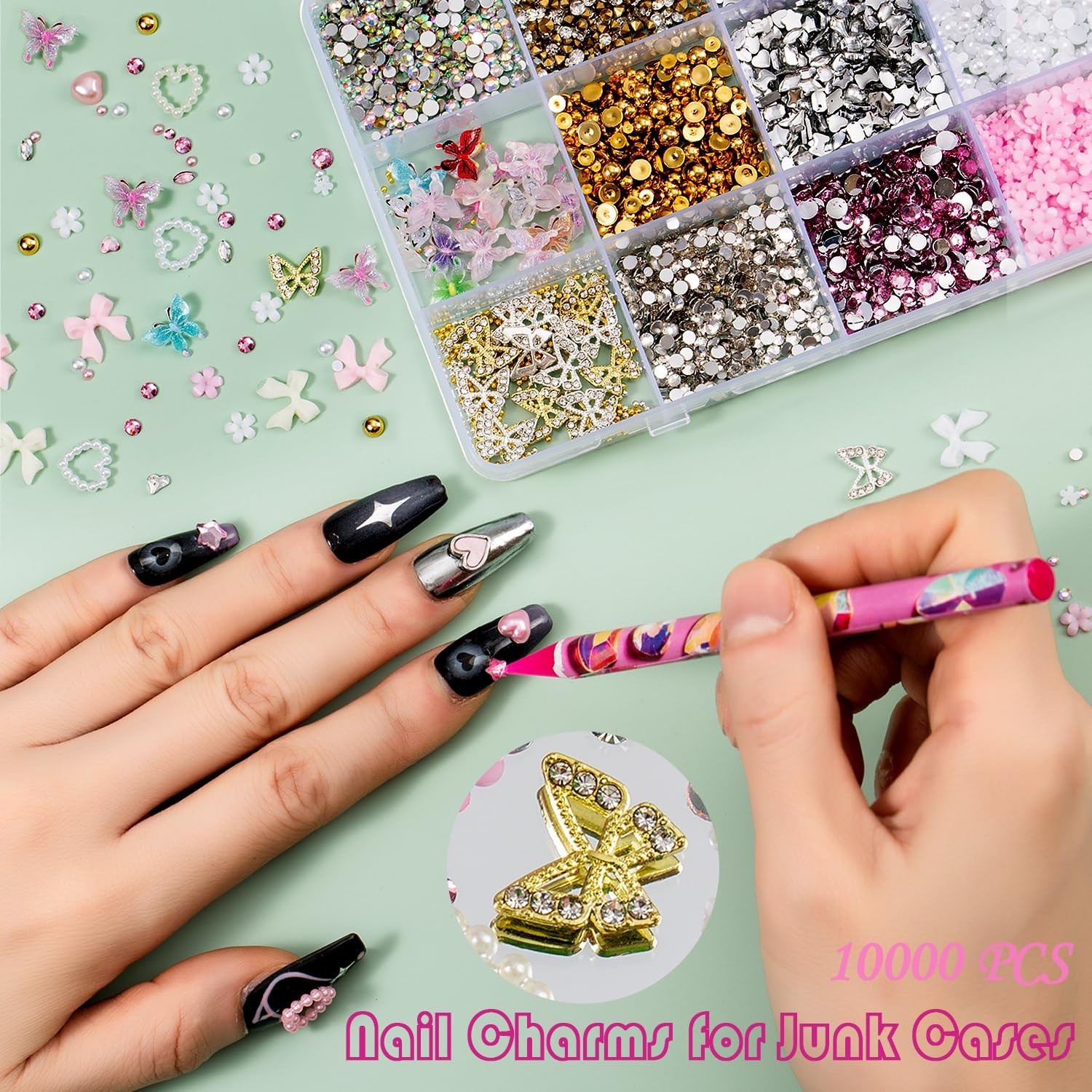 Complete Nail Art Kit: 10000pcs Charms, Rhinestones & Tools – Ideal for Artists