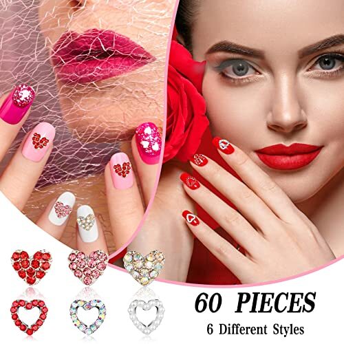 60 Pieces Valentines Day 3D Heart Nail Charms Heart Nail Rhinestone Novel Style