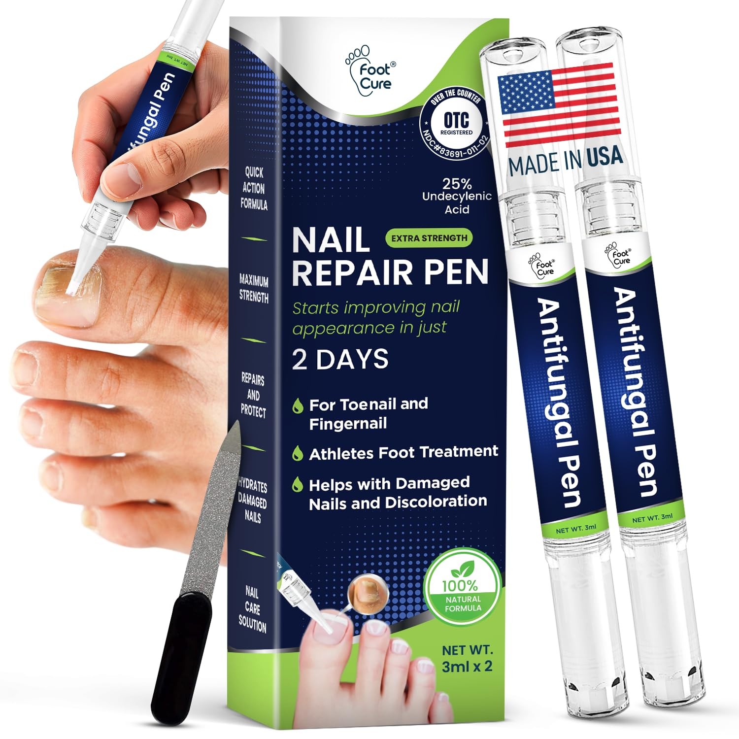 Footcure Antifungal Nail Treatment Pen – Extra 0.1 Fl Oz (Pack of 2), White