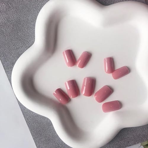 Rose Pink Solid Color Fake Nails Short Coffin Acrylic Press glossy rose pink