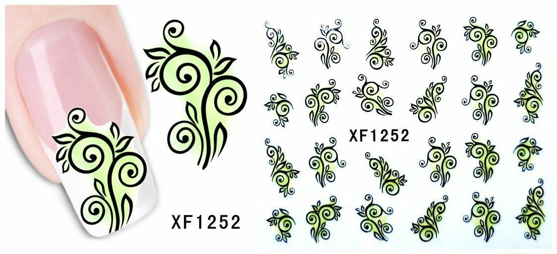 Nail Art Water Transfer Sticker Decal Stickers Pretty Flower Black Green XF1252