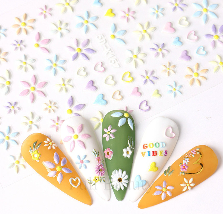 5D Embossed French Colorful Flower Love Daisy Fingers Toe Nail Art Stickers NS13