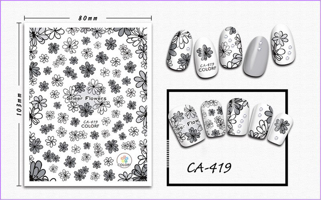 Nail art 3D stickers decal white black flowers CA419