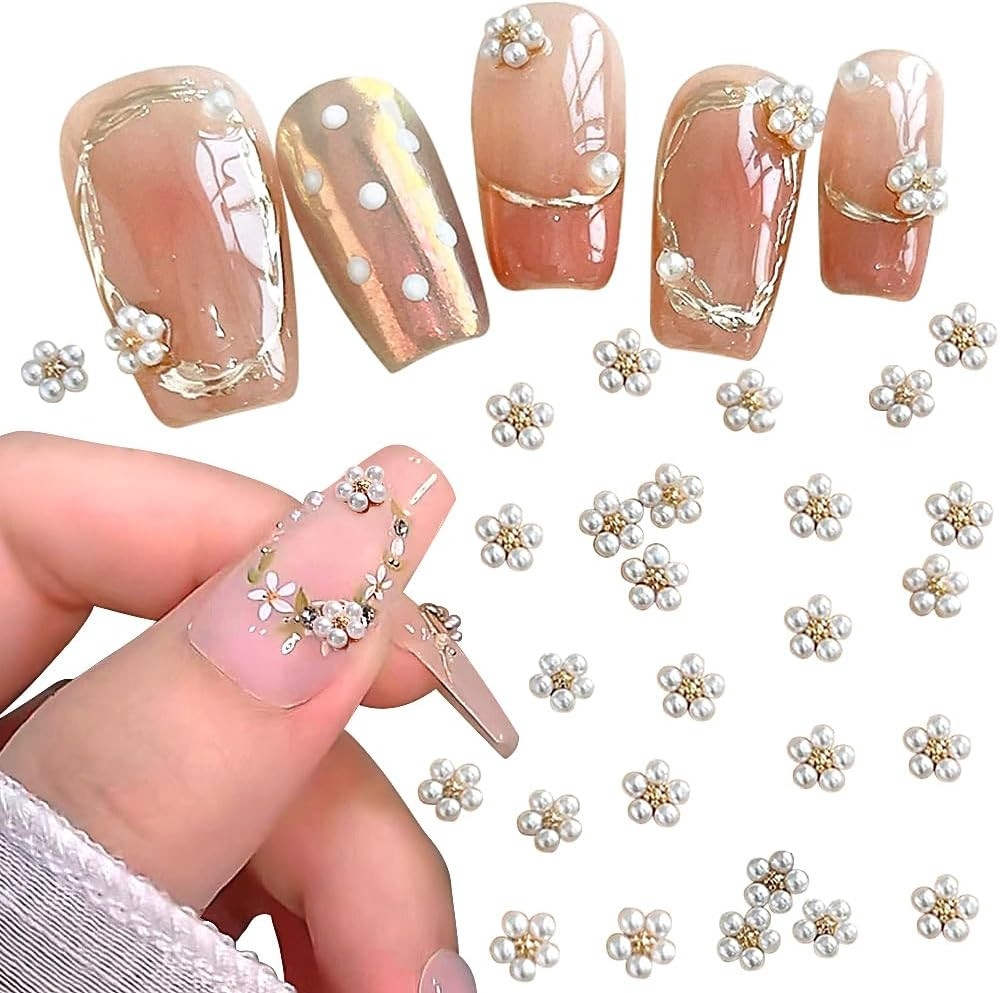 3D White Pearl Flower Nail Charms Cute Pearls Flowers for Nails Design Floral Na