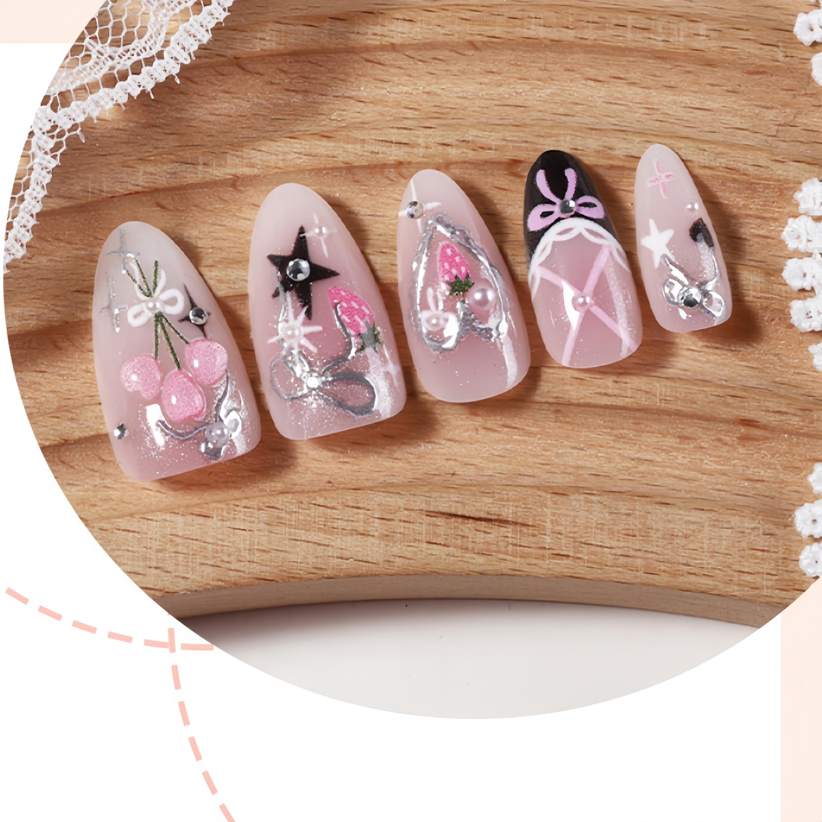 30Pcs Spring Summer Press on Nails Medium Almond Black French Tip Fake Nails …