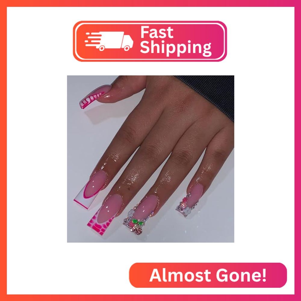 BAOYAALIN Duck Press on Nails Pink French Tips Fake Nails with Rhinestone ＆ Cher