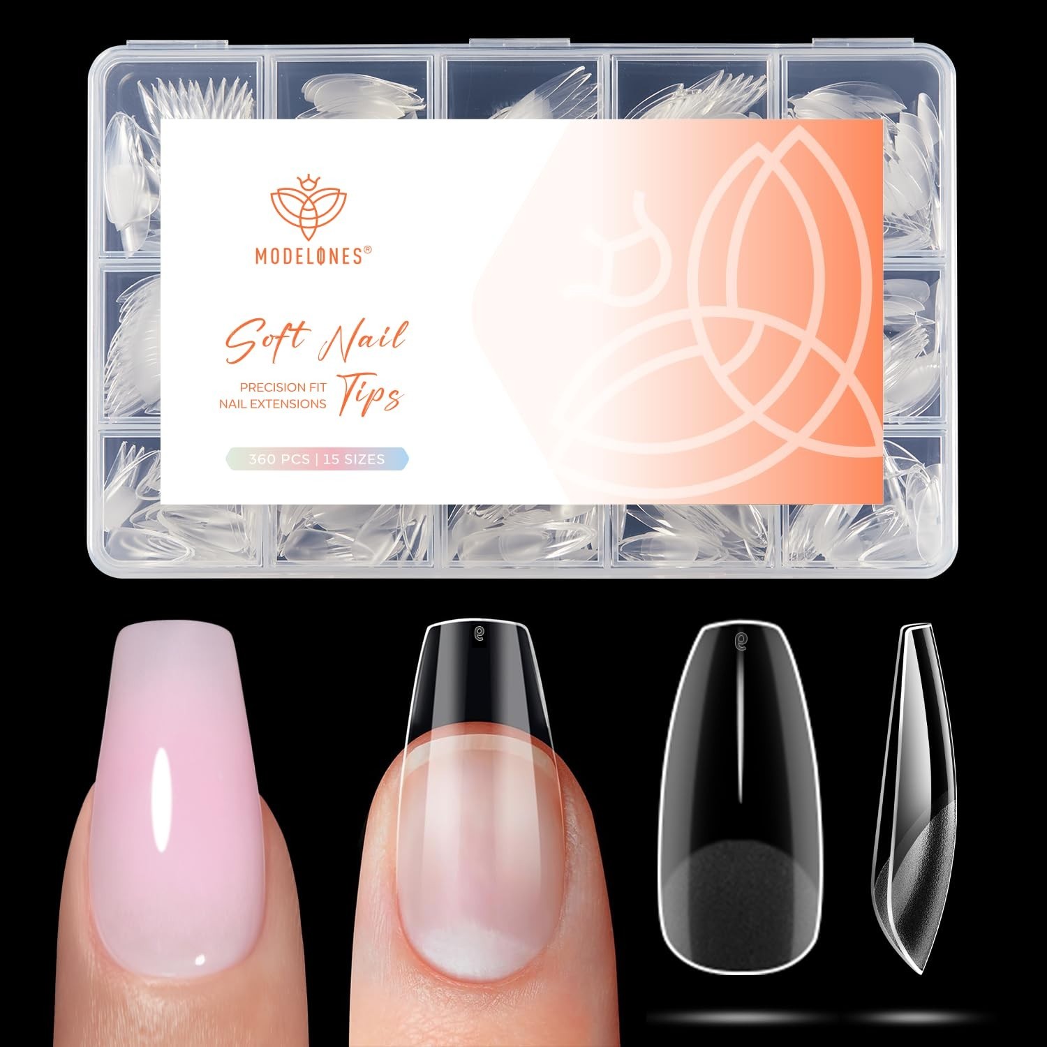 Beetles Gel Nail Tips Short Coffin Pre-Etched Nail Tips, 15 Sizes 360 Pcs Full C