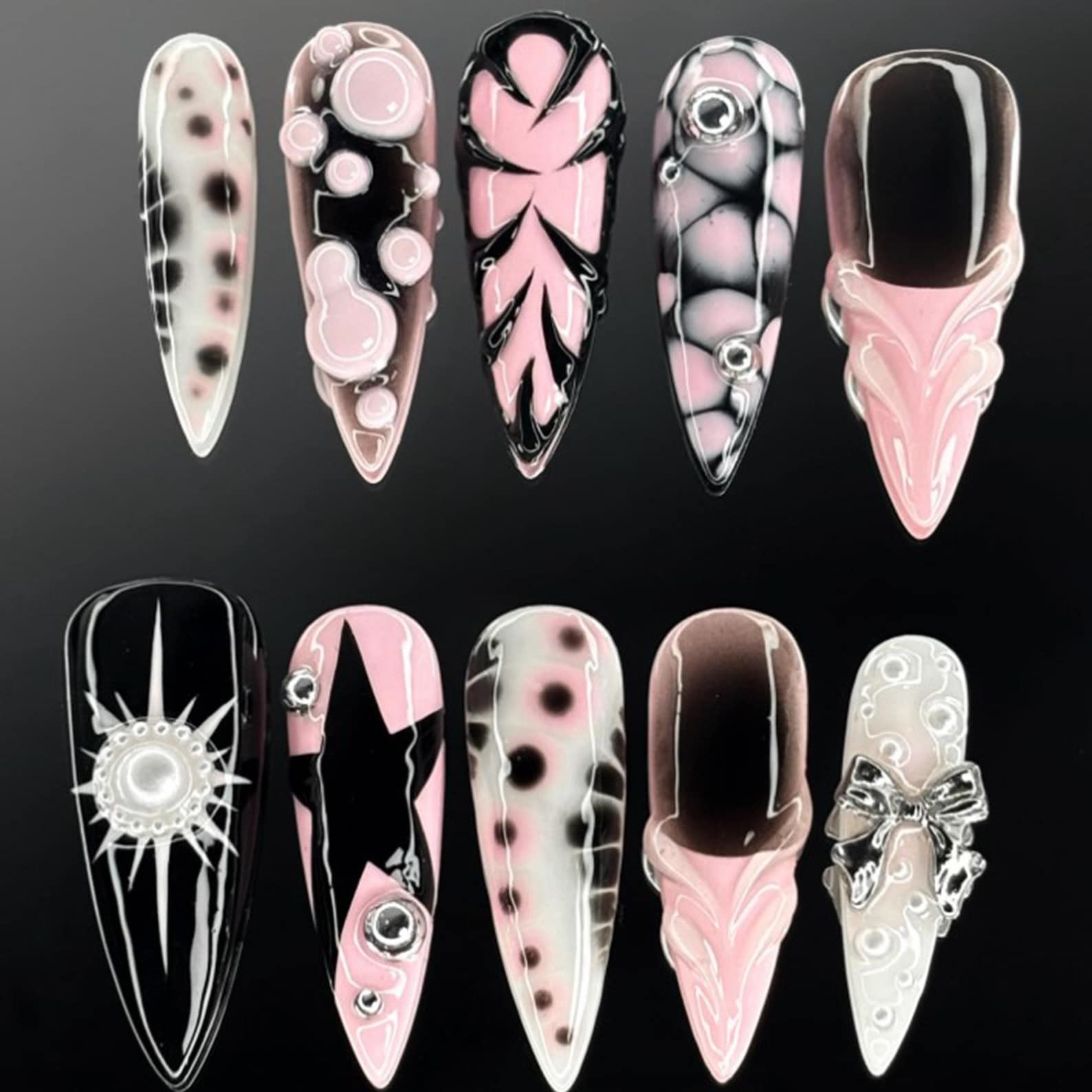 Handmade Punk Pink Black 3D Star Bow Bubble Long Stiletto Press on Nails