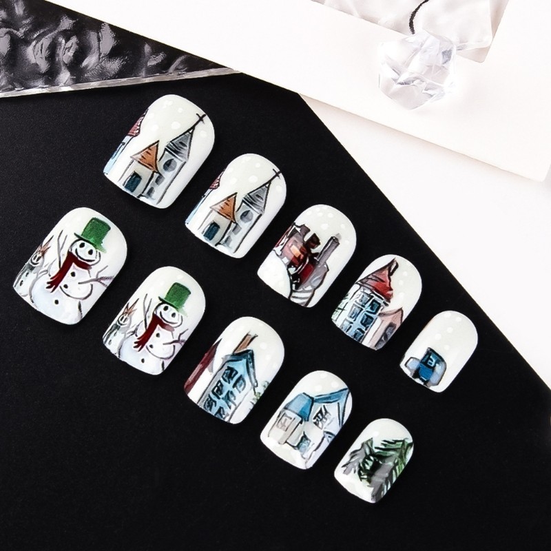 24Pieces Holiday False Nail ABS Plastic Snowman Snowflake Design Glitterings Red