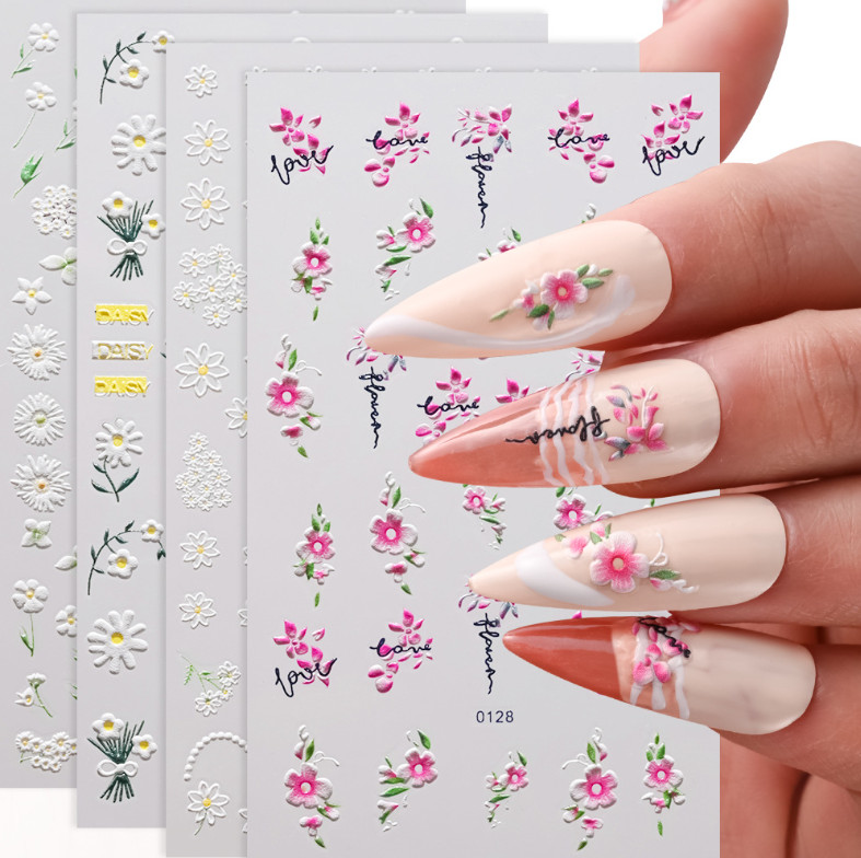 5D Embossed White Daisy Tulip Butterfly Camellia Flower Nail Art Stickers DIY
